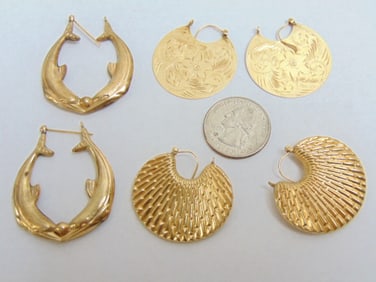 Jewelry. (3) 14kt pairs of Gold earrings to include dolphin hoops 6.38 grams; scroll inlay
