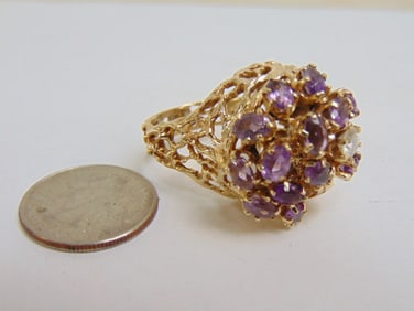Jewelry. Vintage 14kt Diamond & amethyst large cluster cocktail ring, single six prong diamond, 5mm,