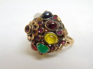 Jewelry. Vintage 18kt multi gemstone Thai princess style cocktail ring, cabochon & faceted