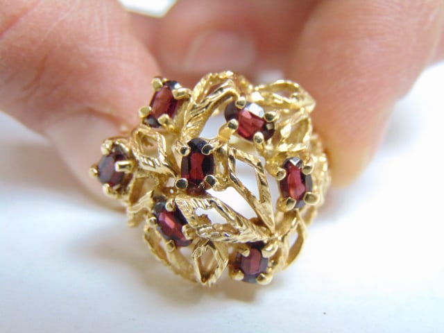 Jewelry. Vintage 14kt Gold & Garnet ring, seven individual set gemstones, 10.30 grams, size 6 1/2 (1 of 5)