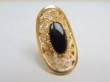 Jewelry. Vintage 14kt gold & black onyx ring elongated design w/ filigree, 8.48 grams, size 8,