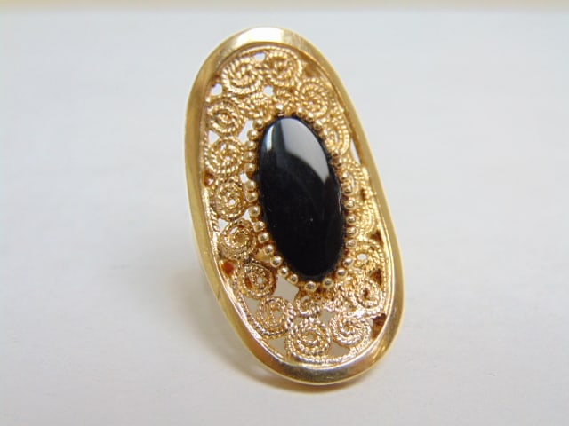 Jewelry. Vintage 14kt gold & black onyx ring elongated design w/ filigree, 8.48 grams, size 8, (1 of 6)