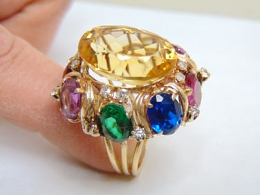 Jewelry. Vintage 14kt gold diamond & multi stone cocktail ring, yellow oval faceted stone loose
