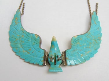 Jewelry. Vintage H. Spencer Sterling Navajo eagle necklace, carved turquoise, mop beak, sterling