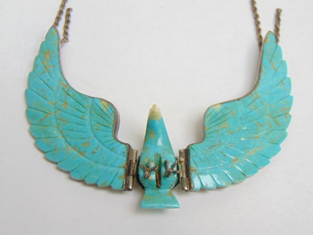 Jewelry. Vintage H. Spencer Sterling Navajo eagle necklace, carved turquoise, mop beak, sterling (1 of 7)