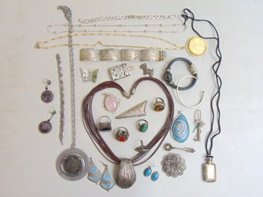 Jewelry. Sterling silver collection including two coin necklaces 1879 one dollar pc & 1885 Liberty,