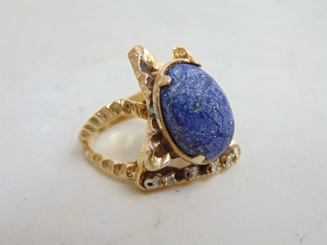 Jewelry. 14kt gold ring with 6 small diamonds, lapis stone, 4 small blue stones rough condition & (1 of 6)