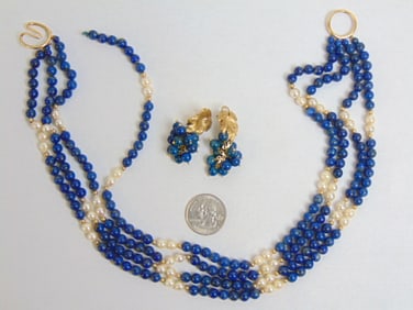 Jewelry. 14kt gold & lapis earrings & necklace. hallmark 14k on earrings & necklace, one strand is