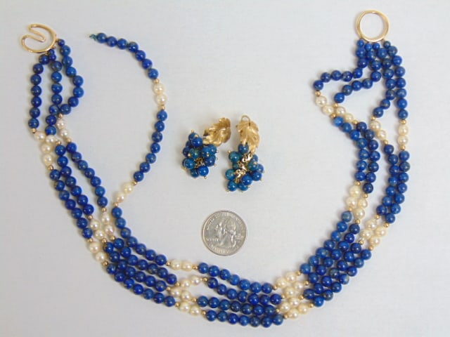 Jewelry. 14kt gold & lapis earrings & necklace. hallmark 14k on earrings & necklace, one strand is (1 of 6)