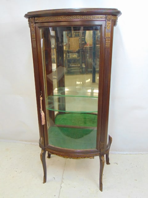 Mahogany mirrored back vitrine or curio cabinet with single glass shelf & applied bronze decoration, (1 of 5)