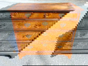 Antique English chest of drawers, 2 over three, banded inlay, brass hardware, chest is 40.25" by