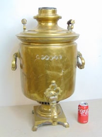 Large Russian brass samovar, various marks, one wood handle is loose, top ring missing, as shown