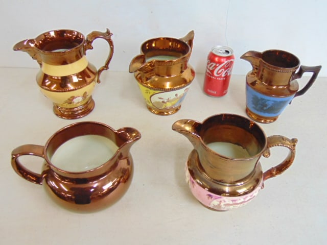 Lot 5 Lusterware pitchers with various decorations, largest pitcher is 7.25" tall, 8" wide (1 of 6)