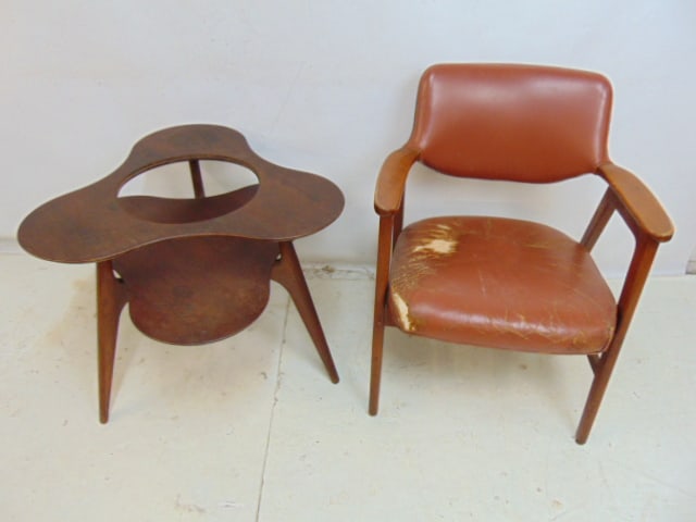 2 pc of Mid Century two tier side table missing insert & arm chair with vinyl as is signed Macy (1 of 7)