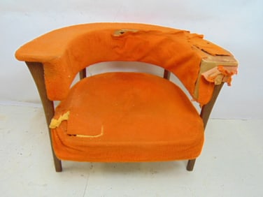 Mid Century modern barrel back chair, old ripped orange upholstery, needs restoration, chair is 36"