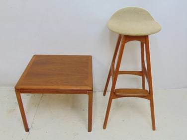 Danish modern side table by Dux & stool by O.D. Mobler, Denmark with fabric seat, table is 20" by