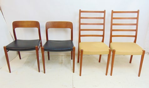 2 pair Mid Century chairs, pair Danish modern side chairs by J.R. Moller, teak with black vinyl