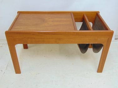 Mid Century side table with build in fabric magazine rack, single draw, 19 1/2" height 35" length 17