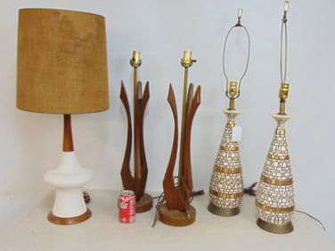 Pair of Mid Century table lamps plus single lamp, single lamp has shade, height is 32", wood lamps
