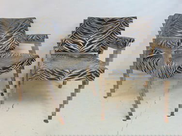 Pair Mid Century arm chairs with zebra print fabric, manner of Kagan, pickled wood frames, chairs
