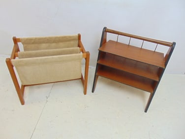 2 Mid Century 1960's magazine stands/racks to include teak three shelves w/ brass back & handle 23