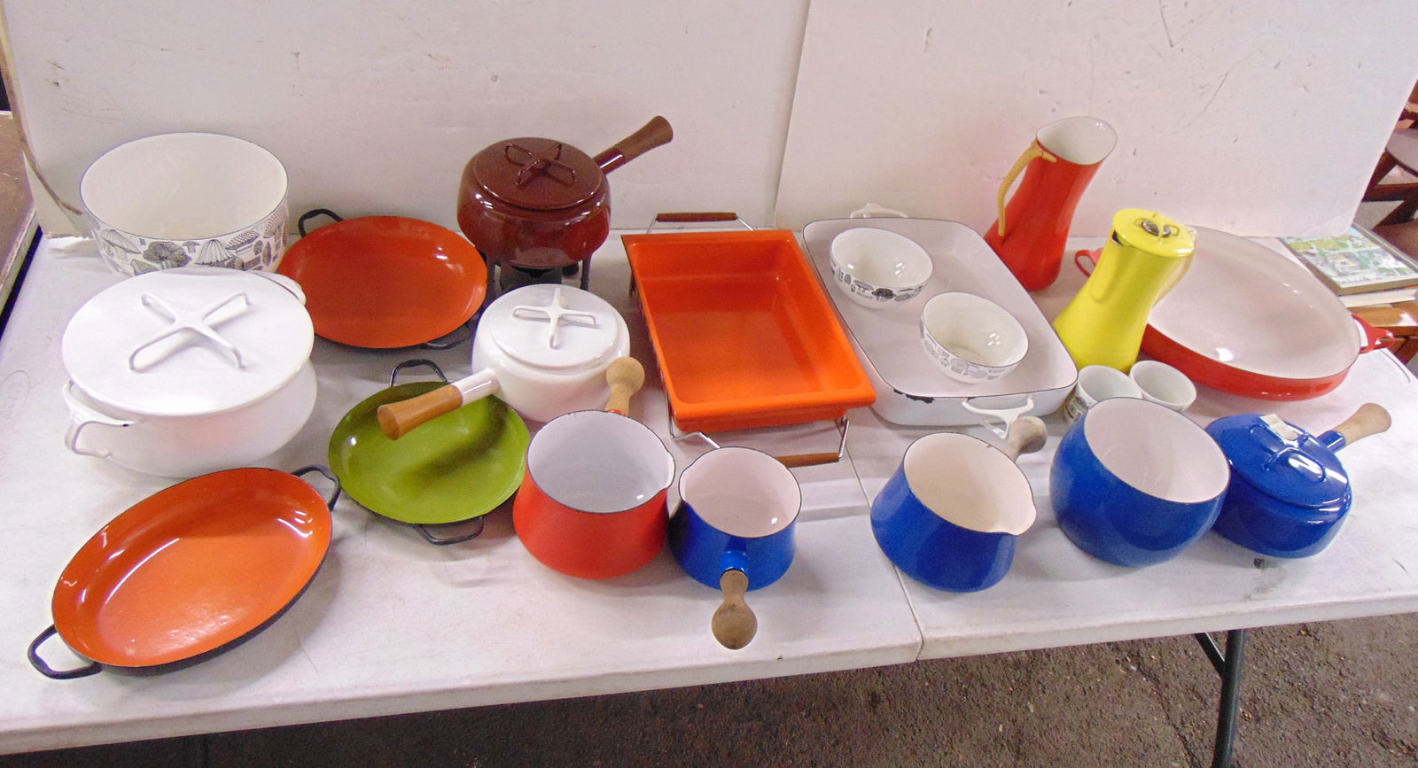Large lot enamelware, pots, pans, bowls, fondue pot, Dansk, Finel, more, large lot, see images for (1 of 12)