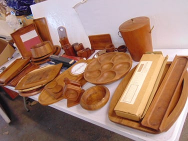Large collection teak bowls, boards, utensils, salt & peppers, candles more, Dansk & others, over 40