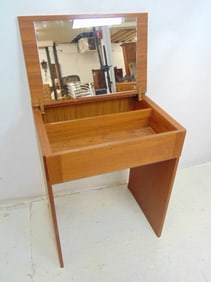 Danish modern mid Century lift top vanity with mirrored interior lid, signed "M.V." , made in