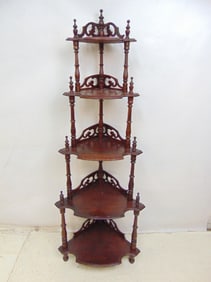Mahogany corner What-Not shelf, height is 56.5", 15" wide.