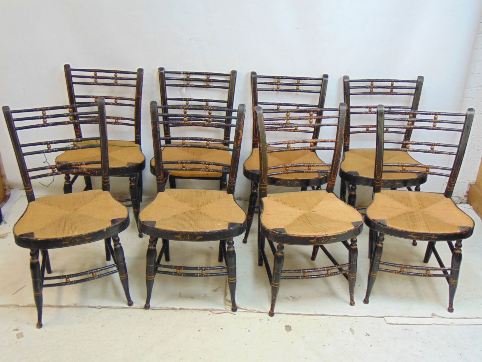 Set of 8 antique Sheraton rush seat, paint decorated chairs, 6 are good, two have minor issues (1 of 8)