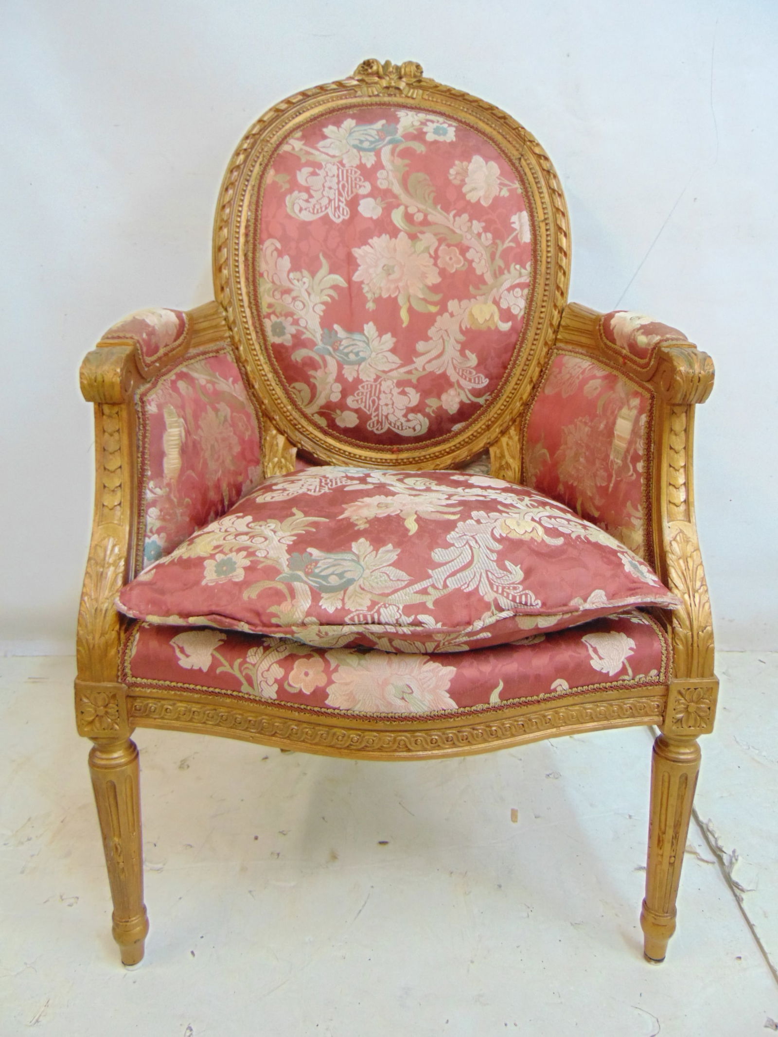 French gilt armchair, carved frame with floral upholstery, chair has repair in back support, 23" wid (1 of 4)