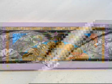 Leaded glass panel, window set in lightbox, arch design, has several small pieces of glass missing,