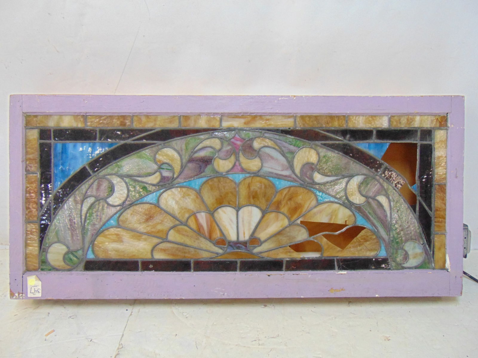 Leaded glass panel, window set in lightbox, arch design, has several small pieces of glass missing, (1 of 5)