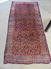 Persian carpet, red with blue grey border, rug is 8'10" by 51", made in Iran label