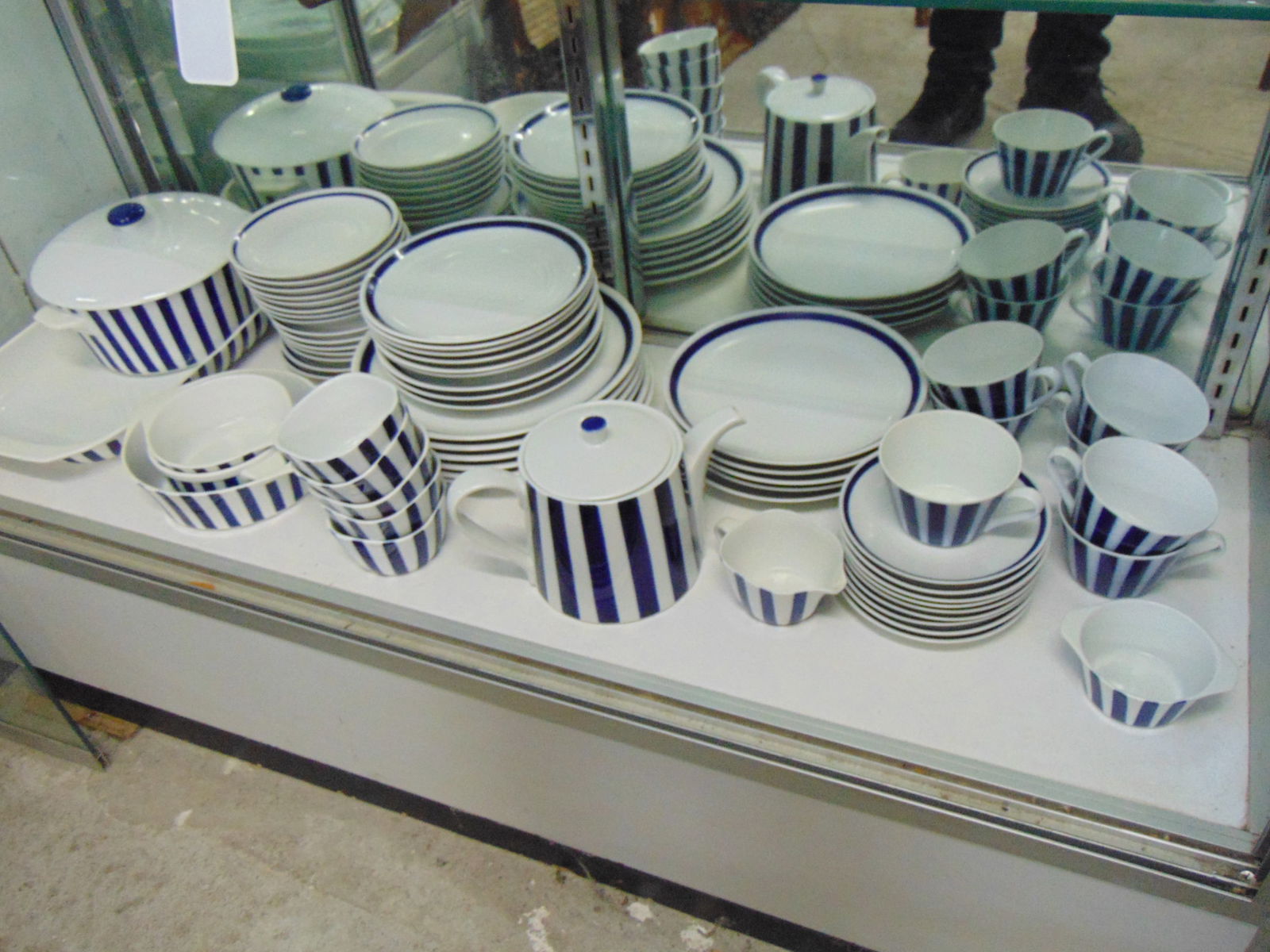 Set Danish dinnerware by Lyngby Porcelaen in white with vertical blue stripes, set includes 6 large (1 of 6)