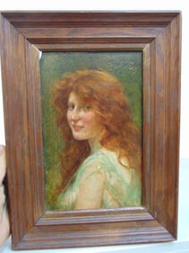 Painting, portrait young girl, signed Ivanovitch, 1911, oil on wood panel, young girl with long red