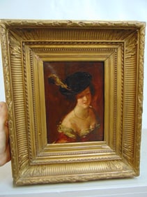 Painting, portrait lady with feathered hat, unsigned, oil on canvas laid down on wood panel, gilt fr