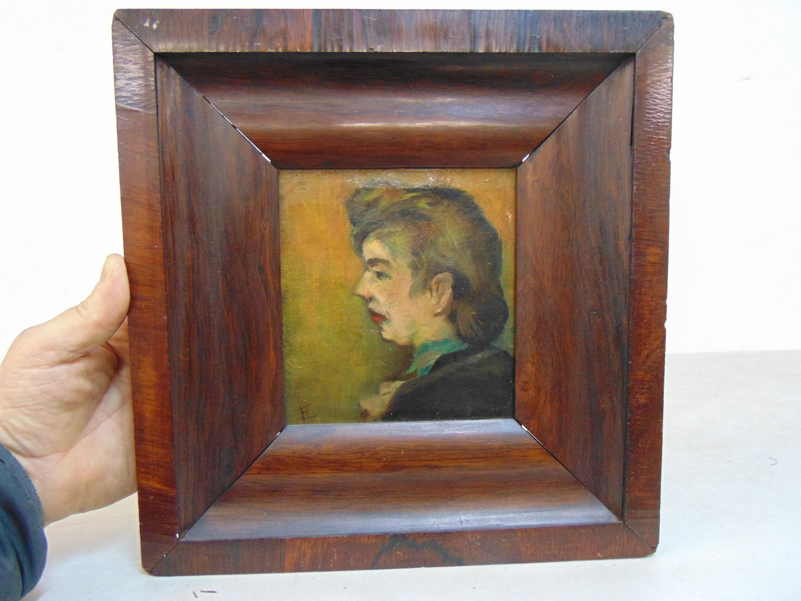 Painting, portrait of a lady, signed initials F.L. oil on linen, rosewood veneer frame, 12" by 11.5 (1 of 5)