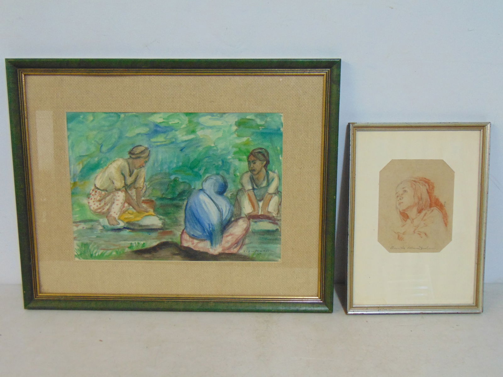 2 paintings, portrait girl by Otto Poeppel & women washing clothes in a stream, signed Ely de Vesco: 2 paintings, portrait girl by Otto Poeppel & women washing clothes in a stream, signed Ely de Vescovi, watercolor, 16.25" by 20.5", Poeppel drawing is titled (illegibly written) and is 12.5" by 9"