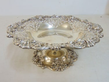 Silver floral decorated footed dish with reticulated edge, 15 troy, 9" wide, 3.5" tall