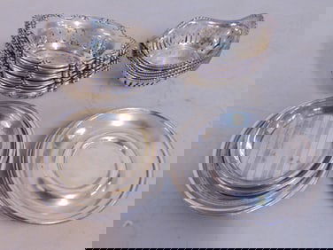Sterling lot, 18 nut dishes (12 & 6) plus 13 small saucers, total weight is 20 troy