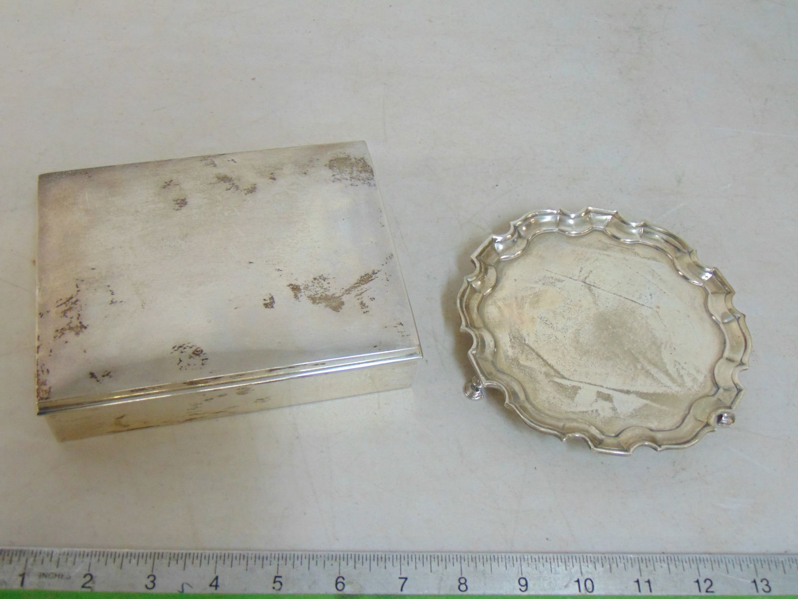 Sterling Chippendale dish & silver wood lined box, dish is 5 5/8" in diameter, height is 3/4", box i (1 of 7)