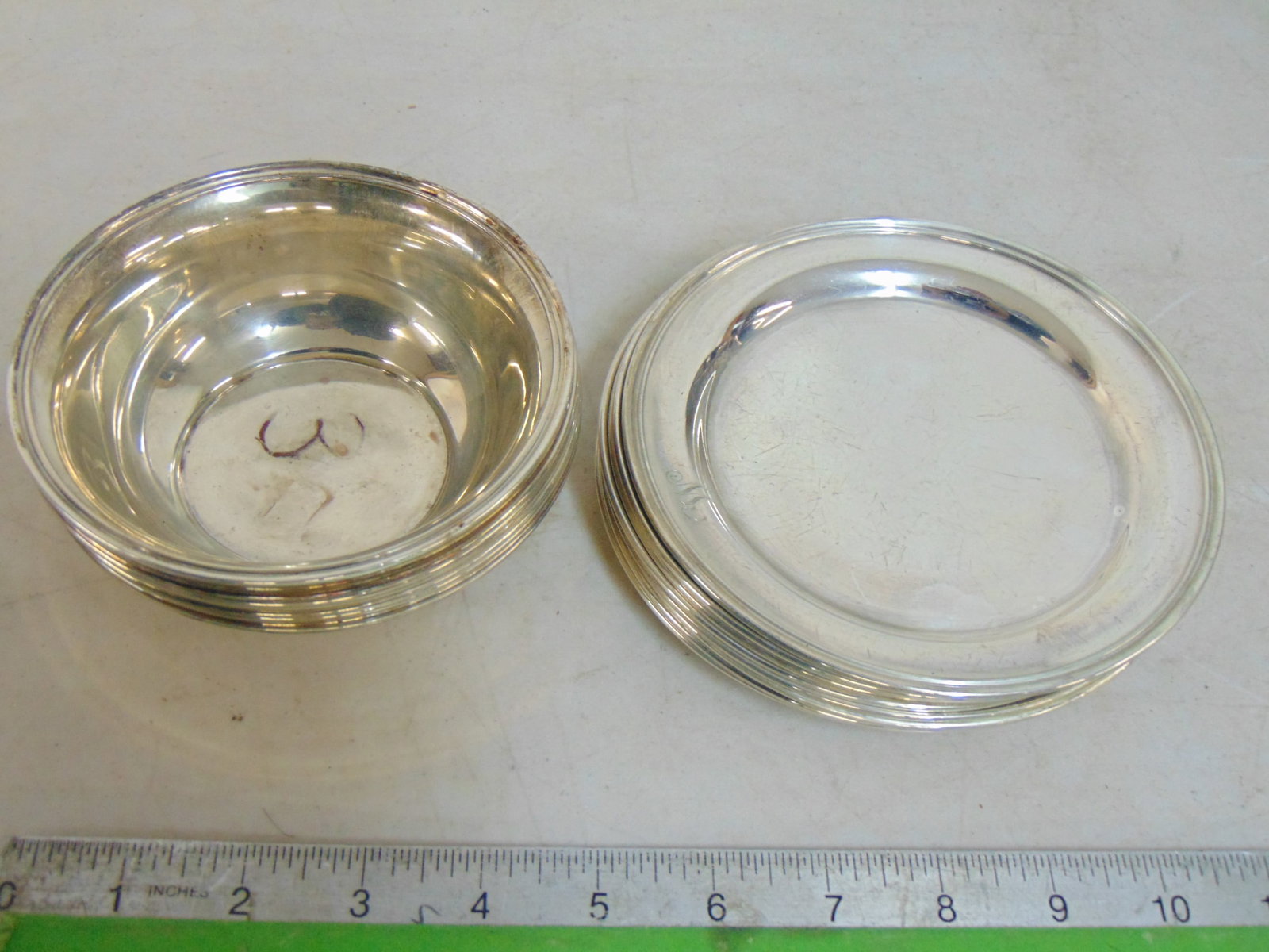 Sterling, SHREVE & co sterling San Francisco 9 monogrammed bowls & 9 monogrammed, 41 troy oz underp: Sterling, SHREVE & co sterling San Francisco 9 monogrammed bowls & 9 monogrammed, 41 troy oz underplates, bowls are 4 7/8" in diameter, 1.75" tall, plates are 5 7/8" in diameter