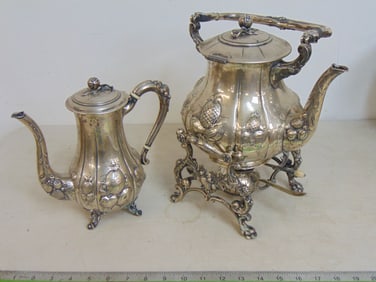 Sterling Antique Coffee & Tea pot on ornate base w/ burner, 90 troy oz, inscribed "W.F.L. to S.A.L.