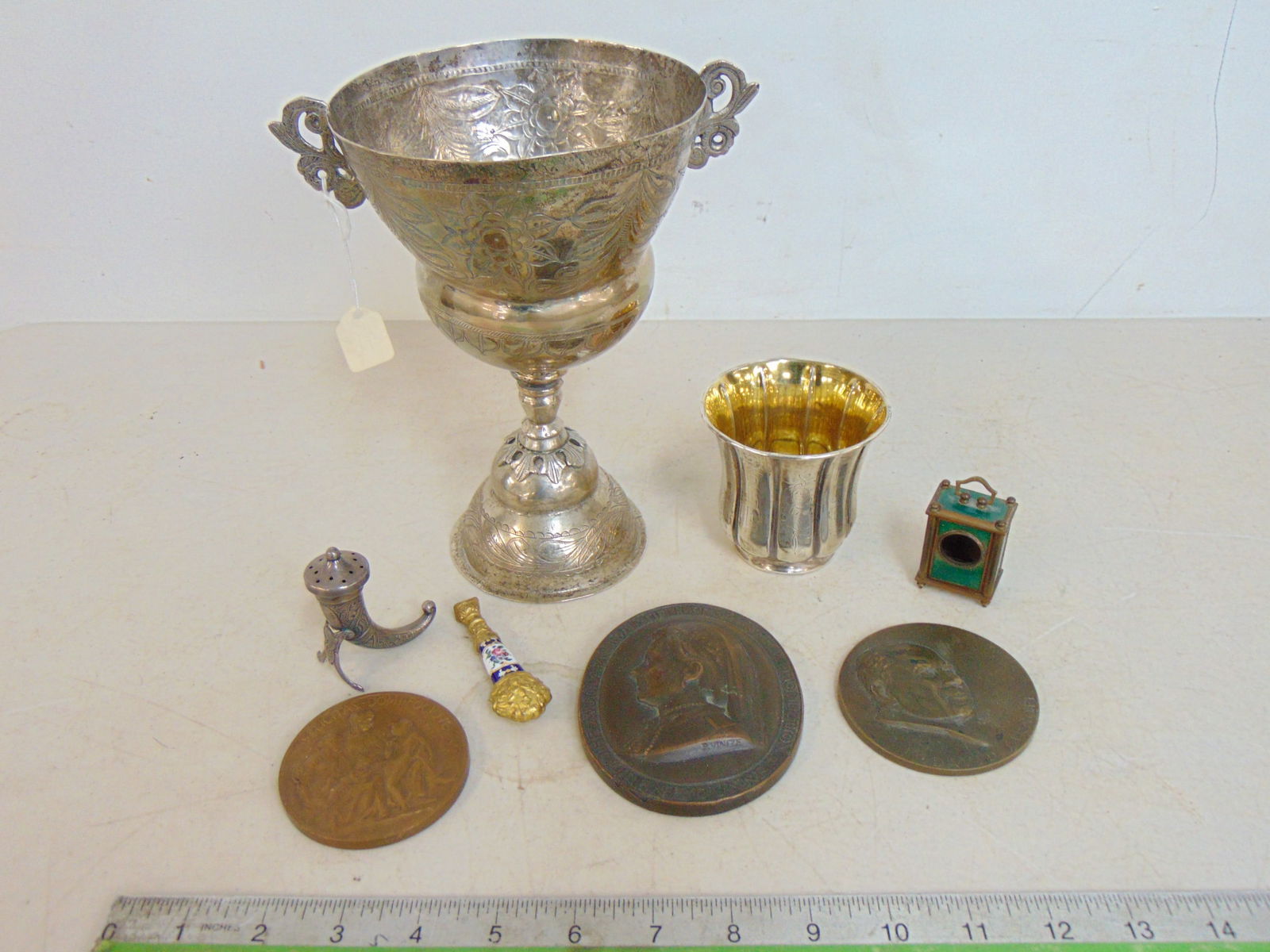 Silver-plate lot, coins, enamel miniature clock case, various bronze medallions, box is 13" by 9.75" (1 of 8)