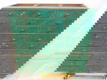 Oak file cabinet, in three sections, base & top missing, front is painted green, sides are scratched