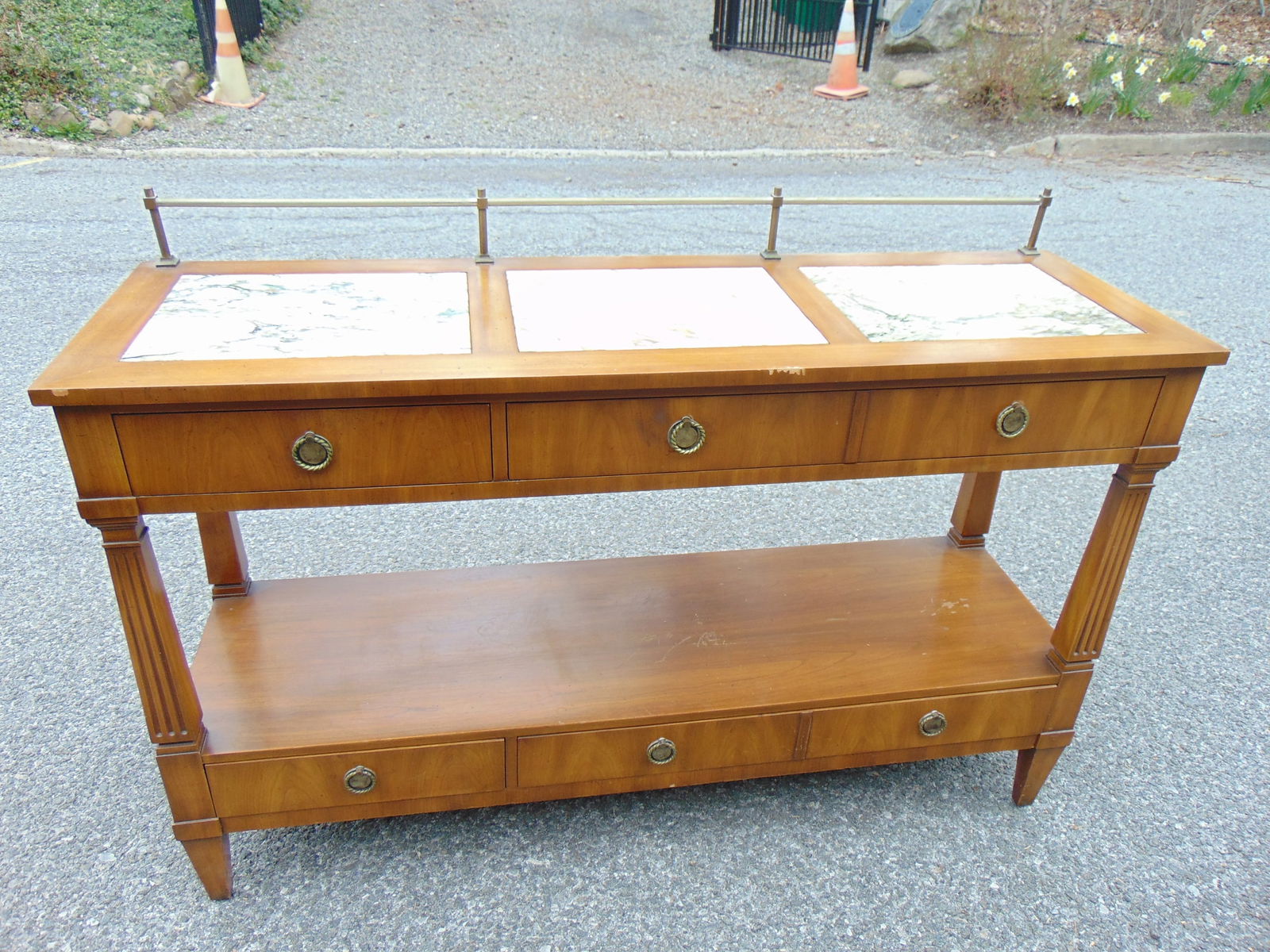John Widdicomb server with three marble inserts & brass gallery, 2 drawers top & bottom, 52" wide, 1 (1 of 5)