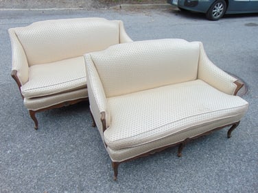 Pair upholstered loveseats with light diamond pattern upholstery, each sofa is 56.5" long, 33" deep,