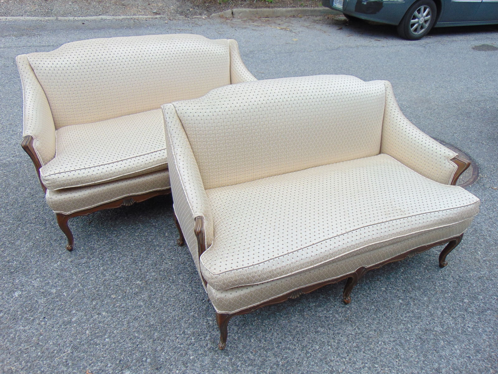 Pair upholstered loveseats with light diamond pattern upholstery, each sofa is 56.5" long, 33" deep, (1 of 4)