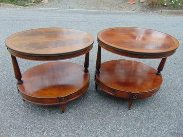Pair of oval inlaid two tier side tables by WM. A. Berkey furniture co. banned inlaid mahogany with